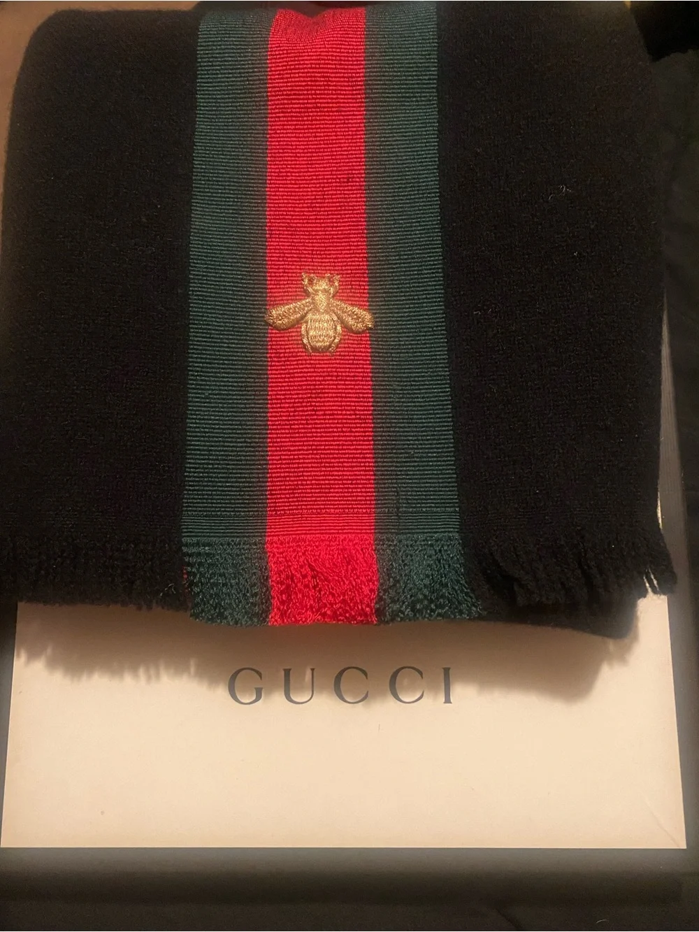 Gucci Black Wool Scarf with Red & Green Stripe and Gold Bee Emblem